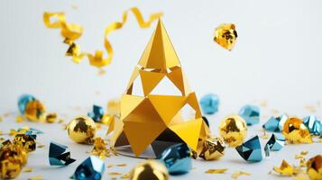 A golden paper christmas tree with blue and gold decorations photo