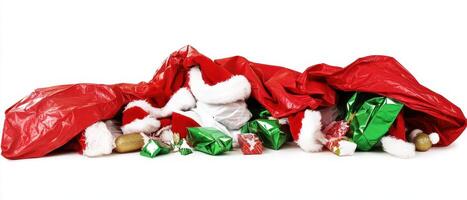 A pile of christmas presents and santa hats photo