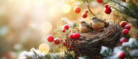 Two birds in a nest with berries on a tree photo
