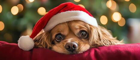 A dog wearing a santa hat is laying on a red cushion photo