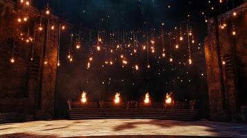 A stage with fire and lights in the background photo