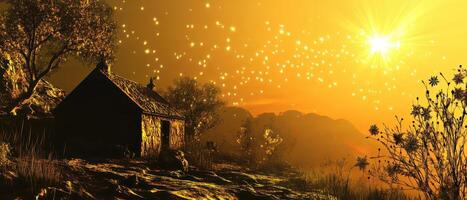 A house in the middle of a field with stars photo