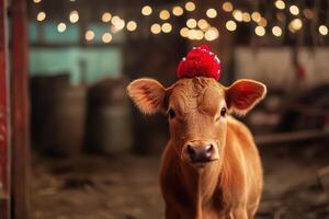 A cow with a red hat on its head photo