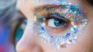 A close up of a girl's face with glitter on her eyes photo