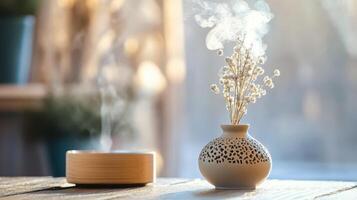 A vase with smoke coming out of it and a wooden bowl photo