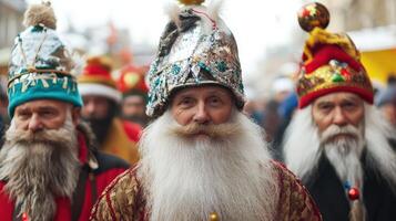 Three bearded men in traditional costumes with hats photo