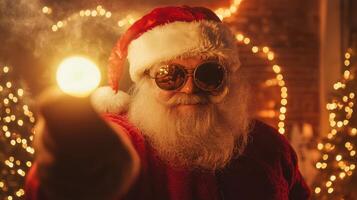 A santa claus holding a light bulb photo