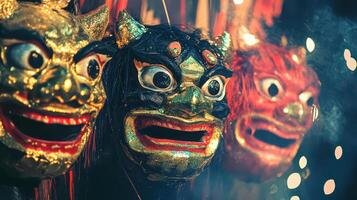 Three masks with horns and eyes photo