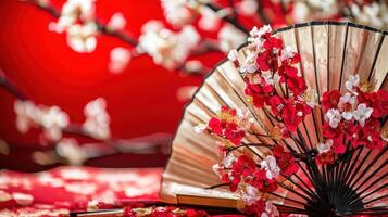 A fan with flowers and red fabric on a red background photo