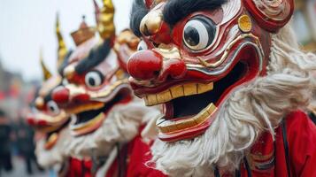 Chinese dragon masks are on display in a parade photo