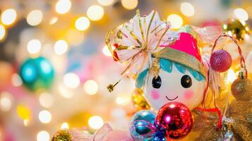 A toy doll with a hat and a bow on top of a christmas tree photo