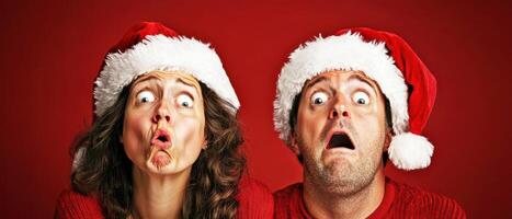 Two people wearing santa hats and making funny faces photo