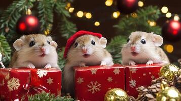 Three hamsters sitting on top of christmas presents photo