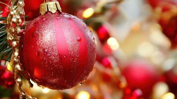 A red christmas ornament hanging from a tree photo