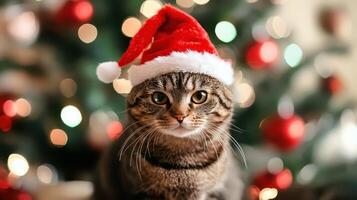 A cat wearing a santa hat in front of a christmas tree photo