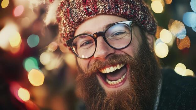 A man with a beard and glasses is laughing photo