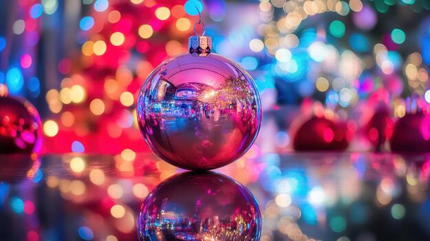 A shiny ball with a christmas tree in the background photo