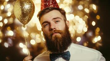 A man with a beard and a party hat holding a gold balloon photo