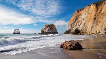 The beach at the rock formations in the pacific ocean photo