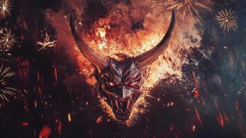 Fireworks and demon head in the dark photo