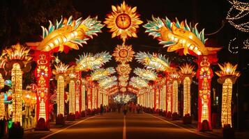A long road lined with colorful lights photo