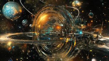 An alien spaceship is surrounded by planets and stars photo