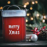 Christmas box with merry xmas text on wooden table photo