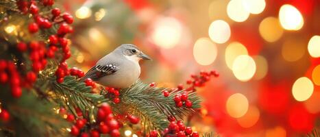 A bird is perched on a branch of a tree with red berries photo
