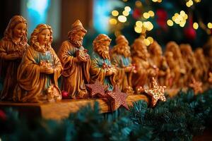 Christmas nativity figurines on a wooden table photo