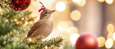 A bird is perched on a christmas tree with a red hat photo