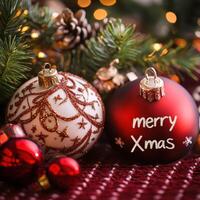 Merry christmas ornaments on a christmas tree photo