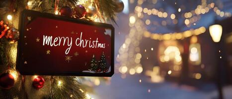 A christmas sign is hanging on a tree photo