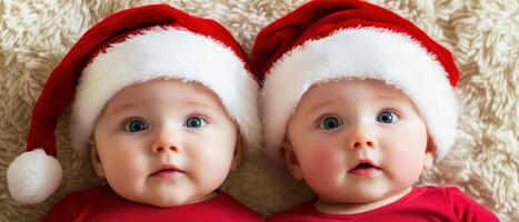Two babies wearing santa hats are lying on a blanket photo