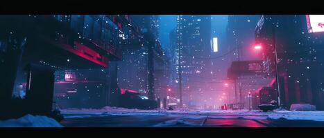 A city street at night with snow falling photo