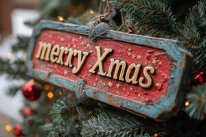 A merry xmas sign hanging on a christmas tree photo