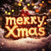 Merry christmas text on snow background with christmas lights photo