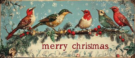 Vintage christmas card with birds on a branch photo