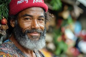 A man with a beard and a red hat photo