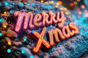 Merry christmas text in neon lights photo