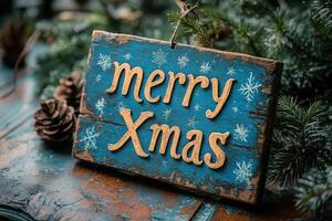 Christmas sign on wooden table photo