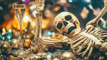 A skeleton with a glass of champagne on a table photo