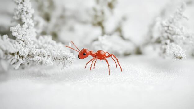 A red ant is walking through the snow photo