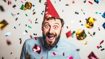 Happy man with party hat and confetti photo