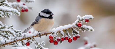 A bird sits on a branch with berries photo