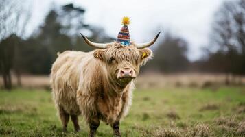 A cow with a birthday hat on its head photo