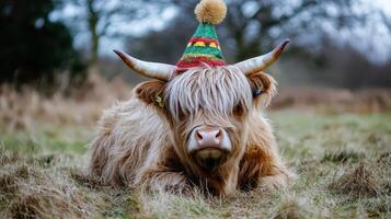 A cow with a party hat on its head photo