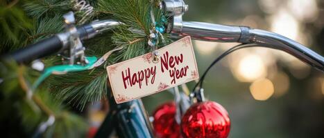 A bicycle with a happy new year sign on it photo