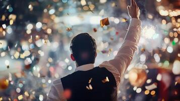 A man is holding up confetti in the air photo