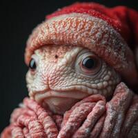 A lizard wearing a red hat and scarf photo