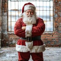A man dressed as santa claus standing in an old warehouse photo